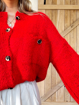 Chunky Leopard Knit Cardigan / Red