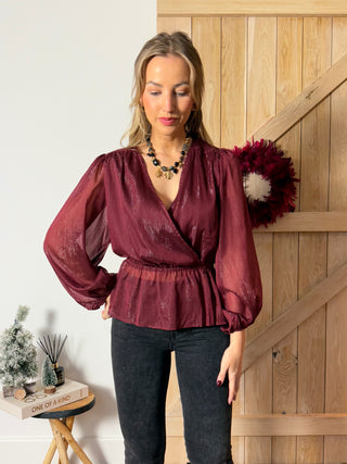 Shimmer Wrap Blouse / Berry