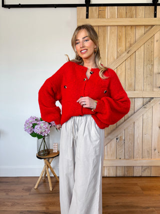 Chunky Leopard Knit Cardigan / Red