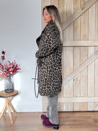 Leopard Print Button-Up Coat / Beige