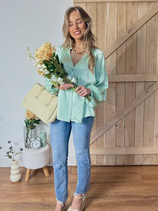 Satin Puff Sleeve Blouse / Mint Green