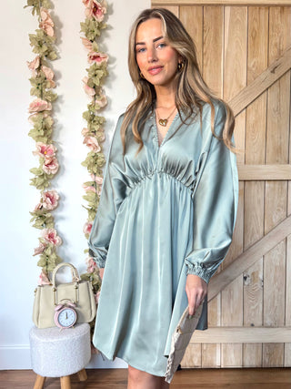 Satin Balloon Sleeve Dress / Sage Green