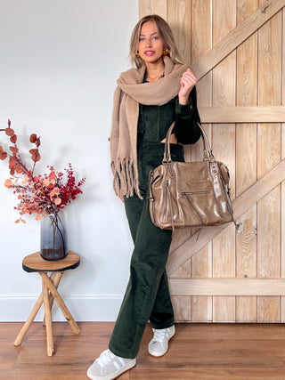 Cut-Out Thigh Corduroy Jumpsuit / Dark Green