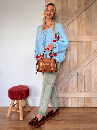 Cherry Lace-Up Sweater / Light Blue