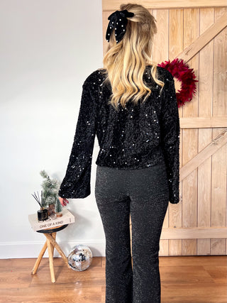 Glitter High Waist Flare Pants / Black