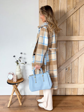 Oversized Plaid Coat / Soft Blue