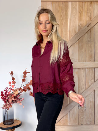 Lace Detail Button-Up Blouse / Burgundy