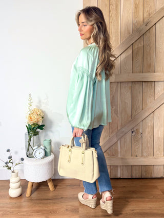 Satin Puff Sleeve Blouse / Mint Green