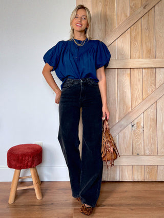 Ruffled Cotton Blouse / Petrol Blue