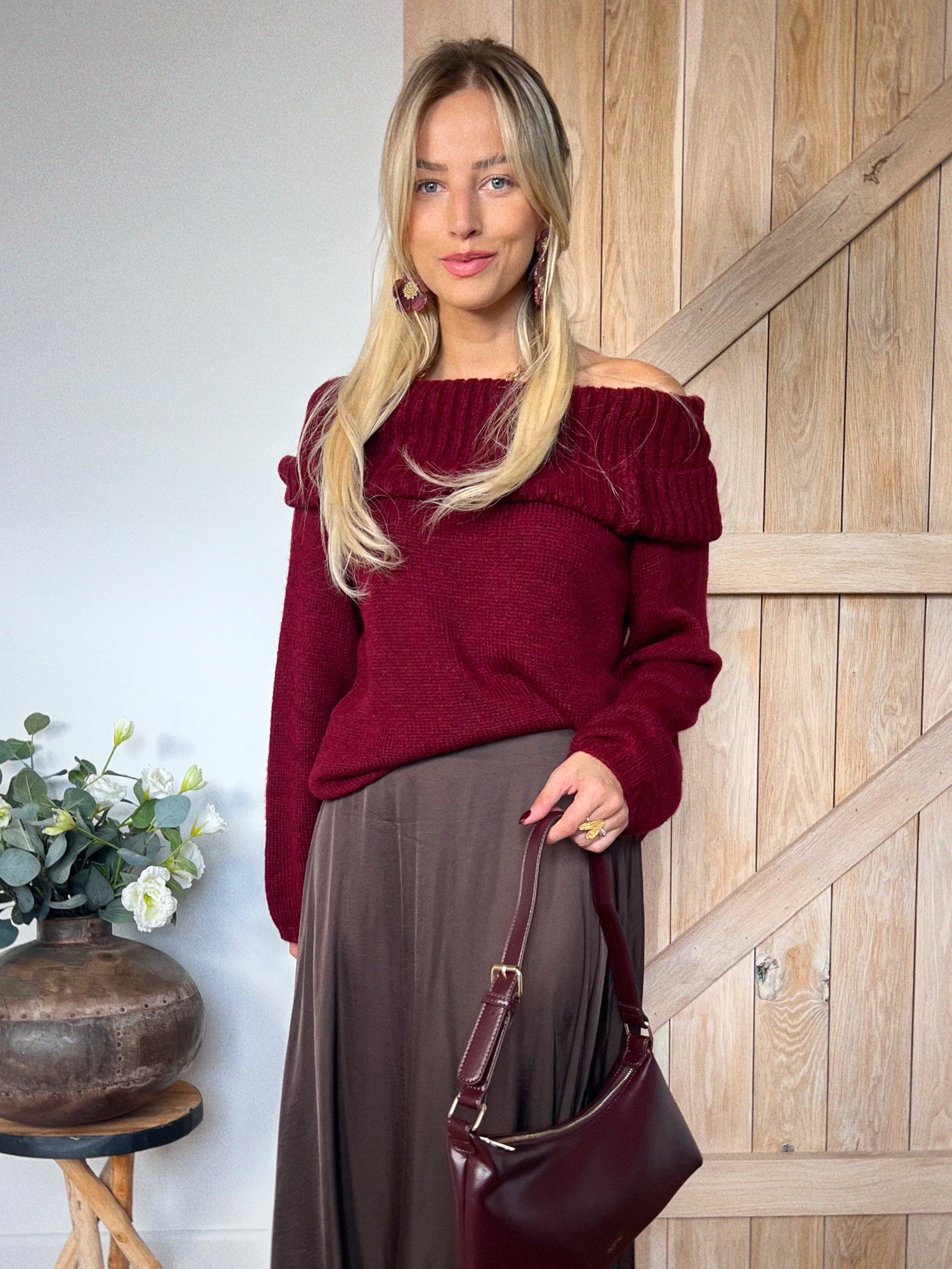 Burgundy off the shoulder sweater best sale