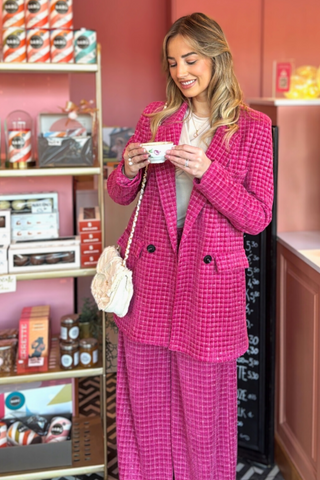 Bouclé Blazer Wide Leg Suit / Fuchsia