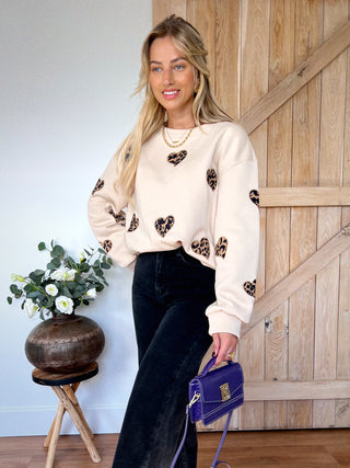 Heart Print Sweatshirt / Leopard Beige