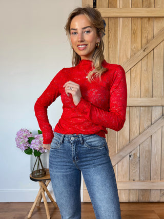 Lace High Neck Top / Red