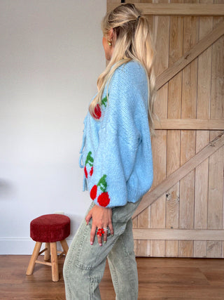 Cherry Lace-Up Sweater / Light Blue