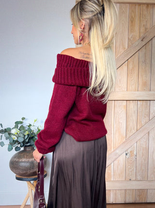 Cozy Knit Off-Shoulder Sweater / Burgundy