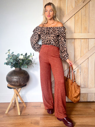 Knitted Sparkling Flared Trousers / Terracotta