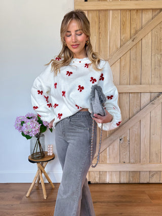 Romance Bow Knit Sweater / White - Red