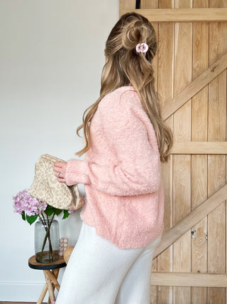 Fluffy Buttoned Cardigan / Baby Pink