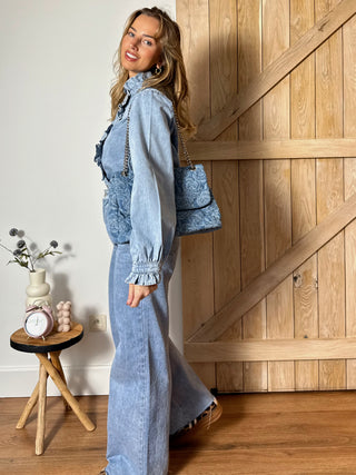 Ruffled Denim Shirt / Light Wash