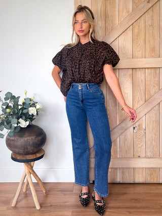 Ruffled Cotton Blouse / Leopard Brown