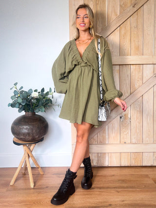 Elastic Ruffle Mini Dress / Khaki