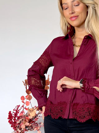 Lace Detail Button-Up Blouse / Burgundy