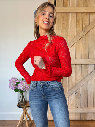 Lace High Neck Top / Red