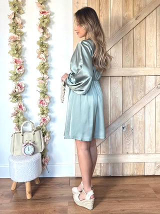 Satin Balloon Sleeve Dress / Sage Green