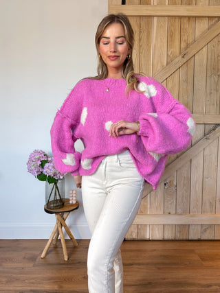 Oversized Heart Sweater / Pink - White