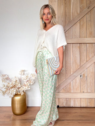 Loose Wide Satin Trousers / Mint Leopard