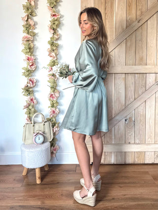 Satin Balloon Sleeve Dress / Sage Green