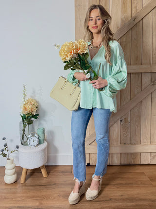 Satin Puff Sleeve Blouse / Mint Green