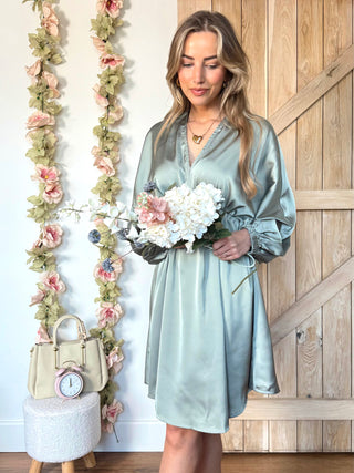 Satin Balloon Sleeve Dress / Sage Green