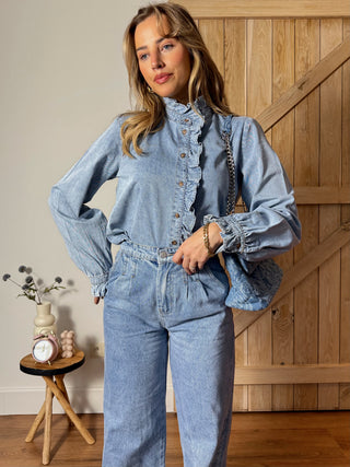 Ruffled Denim Shirt / Light Wash