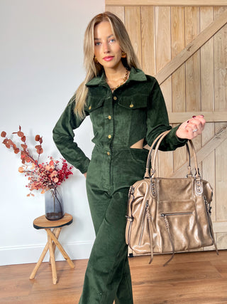 Cut-Out Thigh Corduroy Jumpsuit / Dark Green