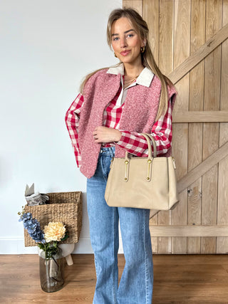 Checkered Knit Polo Sweater / Red & Cream