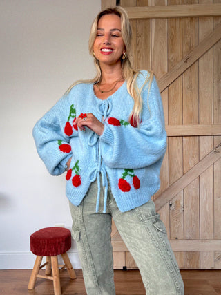 Cherry Lace-Up Sweater / Light Blue