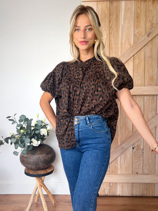 Ruffled Cotton Blouse / Leopard Brown