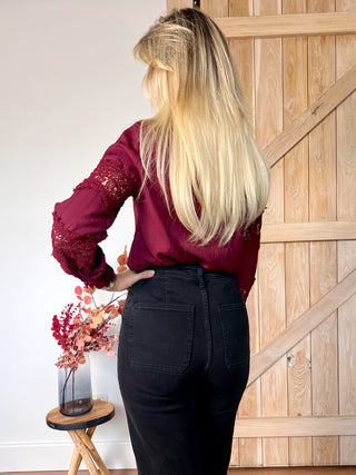 Lace Detail Button-Up Blouse / Burgundy