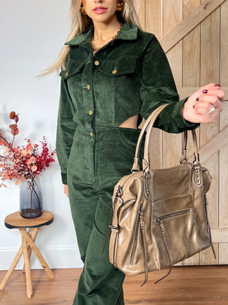 Cut-Out Thigh Corduroy Jumpsuit / Dark Green