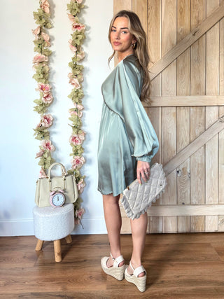 Satin Balloon Sleeve Dress / Sage Green