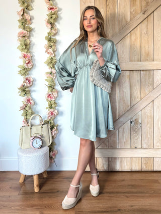 Satin Balloon Sleeve Dress / Sage Green