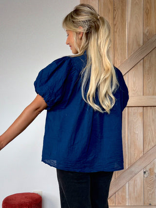 Ruffled Cotton Blouse / Petrol Blue