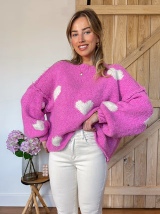 Oversized Heart Sweater / Pink - White