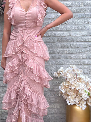 Ruffle Detail Chiffon Maxi Dress / Old Rose
