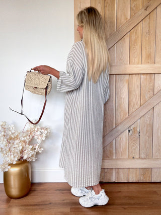 Midi Striped Buttoned Chemisier Dress / Taupe