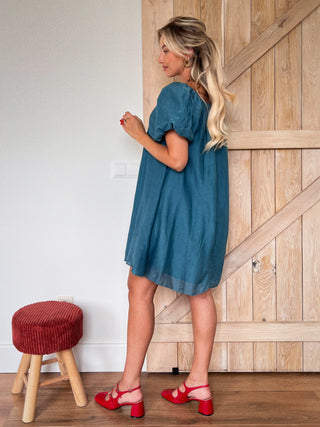 Ruffled Puffy Dress / Petrol Blue