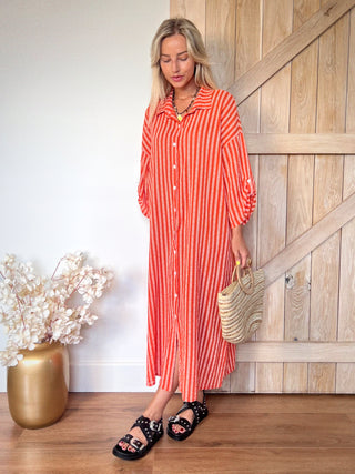 Midi Striped Buttoned Chemisier Dress / Orange