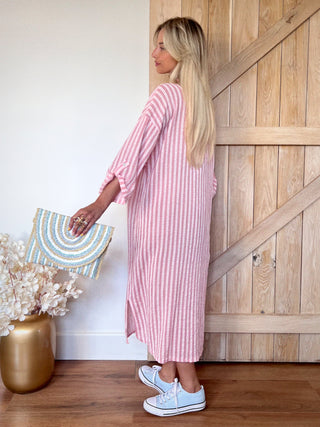 Midi Striped Buttoned Chemisier Dress / Rose