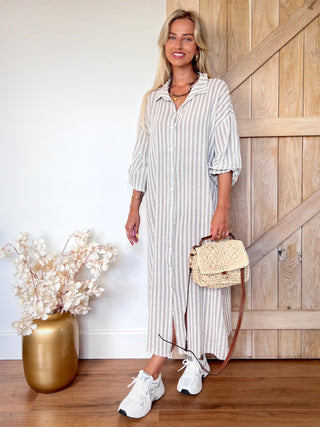 Midi Striped Buttoned Chemisier Dress / Taupe